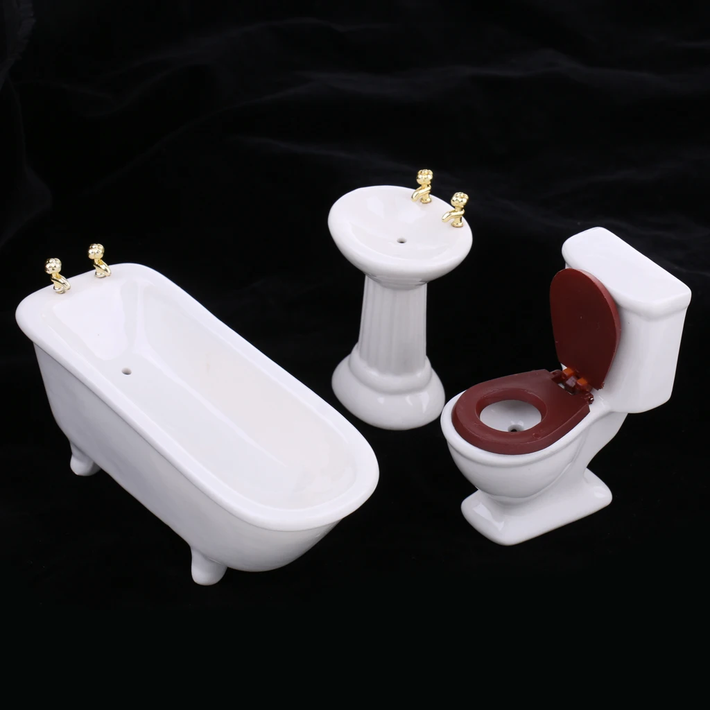 Modern Style Porcelain Bathroom Set for 1/12 Miniature Dollhouse Accessories
