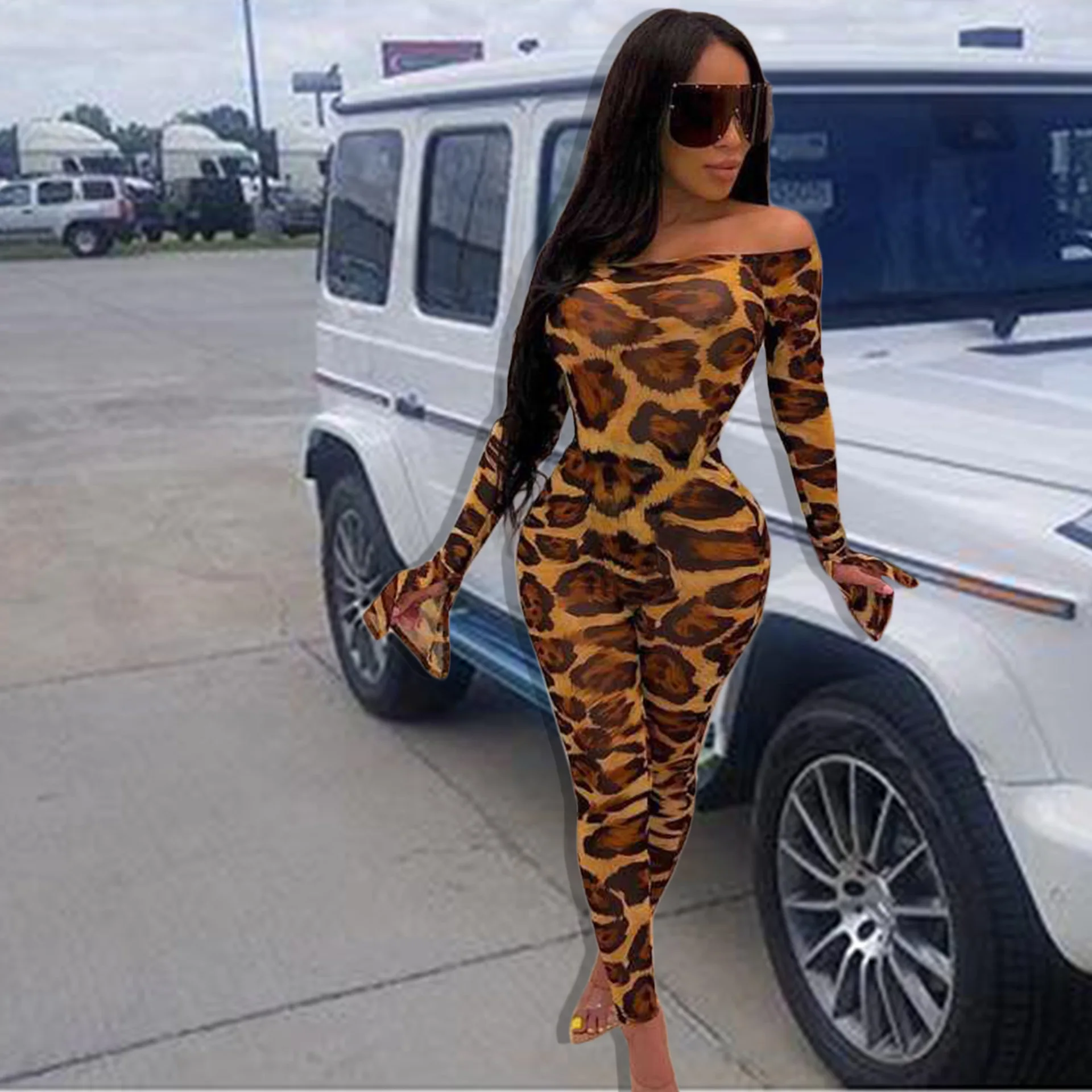 

BKLD Women Fashion Leopard Off The Shoulder Rompers Jumpsuits Clubwear Ladies 2019 Autumn Flare Long Sleeve Bodycon Jumpsuits