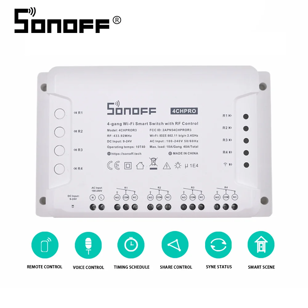 Интеллектуальный выключатель света Sonoff 4CH Pro R3 переключатель Wi Fi 220V/модуль 4 Gang 433