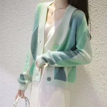 

Green Plaid Single Breasted Cardigan Women V-Neck Loose Casual Knitted Sweater Autumn Winter Warm Leisure Fashion Fairy Sweater