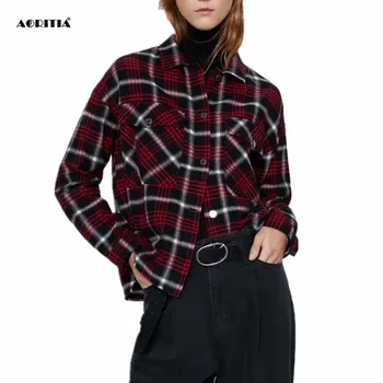 

2020 Autumn Women Plaid Blouses Long Sleeve Turn-down Collar Lady Casual Shirts