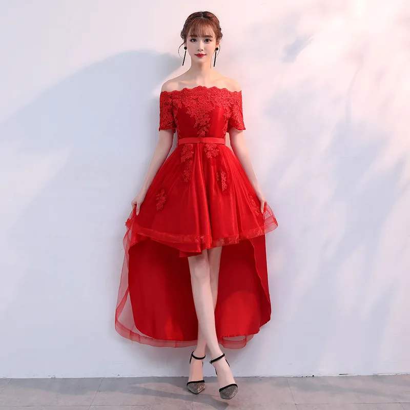 

A- line off-Shoulder Back Swallow Tail Evening Gown Women's 2019 Summer New Style Front Short Long Back Bridesmaid Dress Banquet
