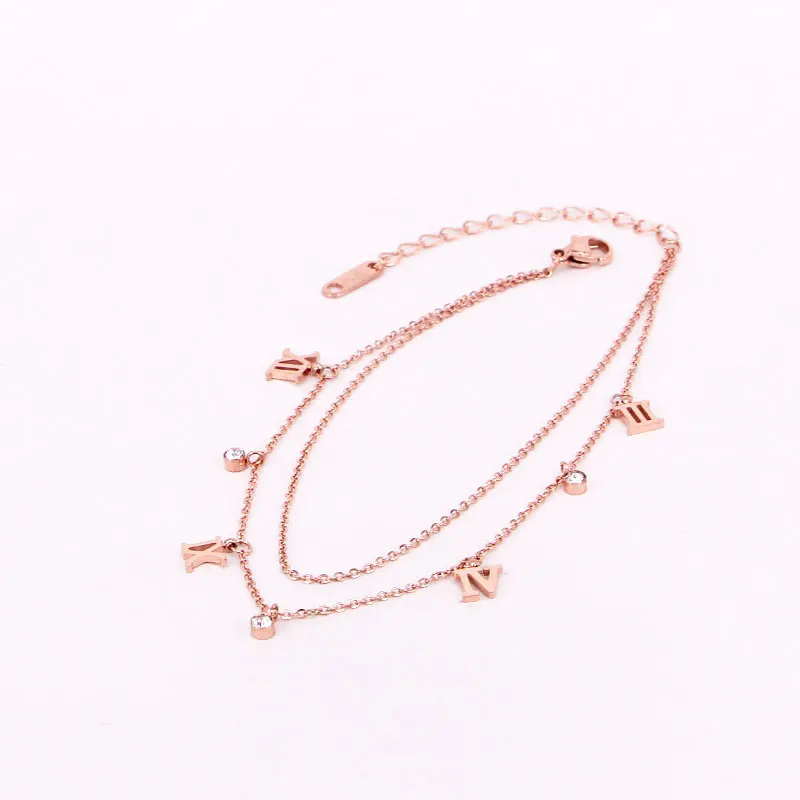 Double-layer Classic Design Roman Numeral And 3 Zircon Anklet Stainless Steel Rose Gold Color Anklet Woman Love Valentine Gift Double-layer Classic Design Roman Numeral And 3 Zircon Anklet Stainless Steel Rose Gold Color Anklet Woman Love Valentine Gift