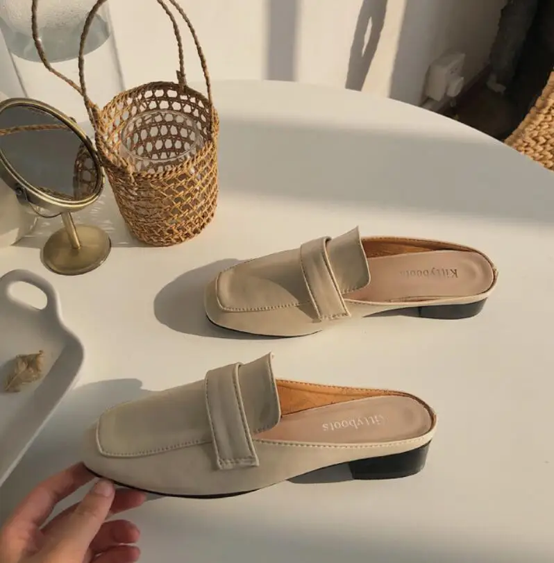 Бежевый Brief mules sewing woman shoes flats solid leather slippers close toe slingback slides casual comfy flipflops femme fashion - Цвет: Бежевый