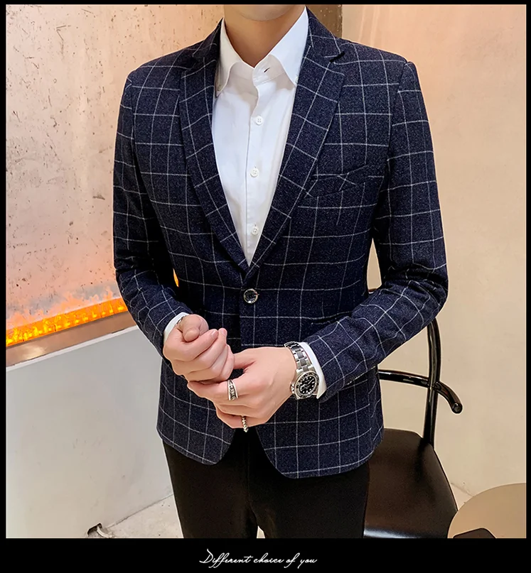 Осень-зима мужской пиджак, жакет цвет: черный, синий серый Slim Fit Для мужчин платье куртки Размеры S M L XL XXL XXXL решетки Бизнес костюм Для мужчин пальто