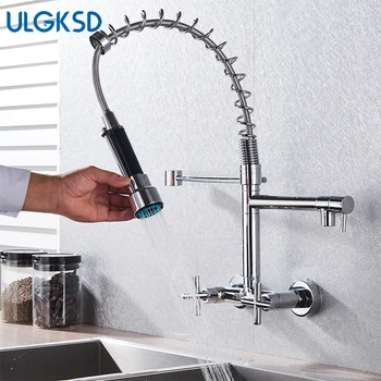 

ULGKSD Chrome Finished Kitchen Sink Faucet Spring Dual Spout Kitchen Sprayer Hot And Cold Water Kitchen Taps Wall Mount