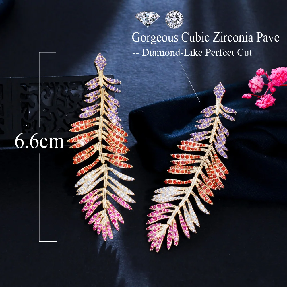 CWWZircons Luxury Multicolor Cubic Zirconia Long Drop Dangle Big Feather Earrings for Women Statement Wedding Jewelry CZ939