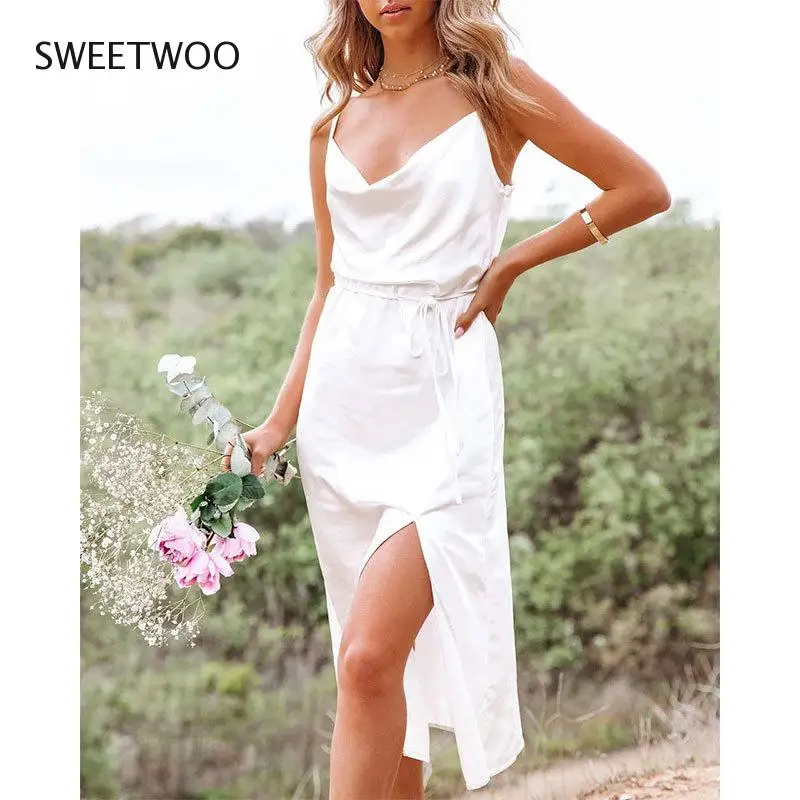 

Fashion Women's 2021 Summer Dress Female Solid Color Suspenders Satin Swing Collar Sexy Party Dress White Dress Vestidos