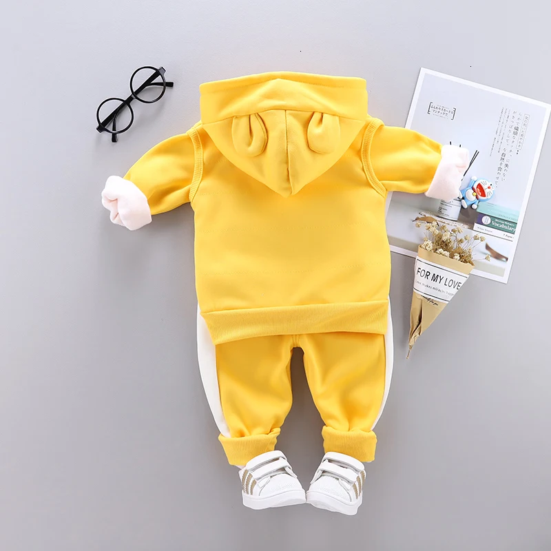 Зимние Костюмы Кот в комплекте, утепленный костюм для мальчиков теплая одежда на Хлопчатобумажной Подкладке для мальчиков и девочек, жилет с капюшоном, футболка и штаны, 3 шт./компл. комплект одежды для детей, спортивный костюм