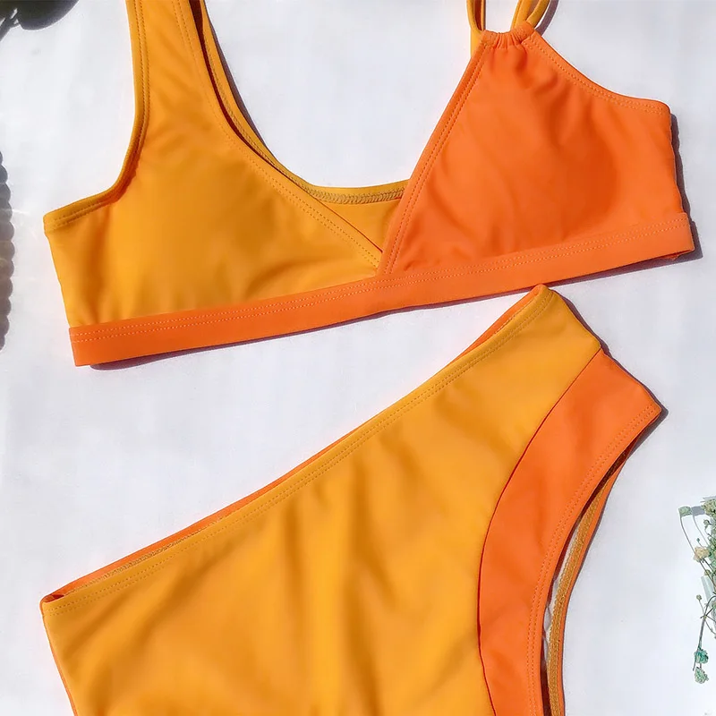 Yellow Orange Patchwork Bikini Set High Waist Swimwear Women High Cut Swimsuit String Strap Bathing Suit Female 2020 Biquini