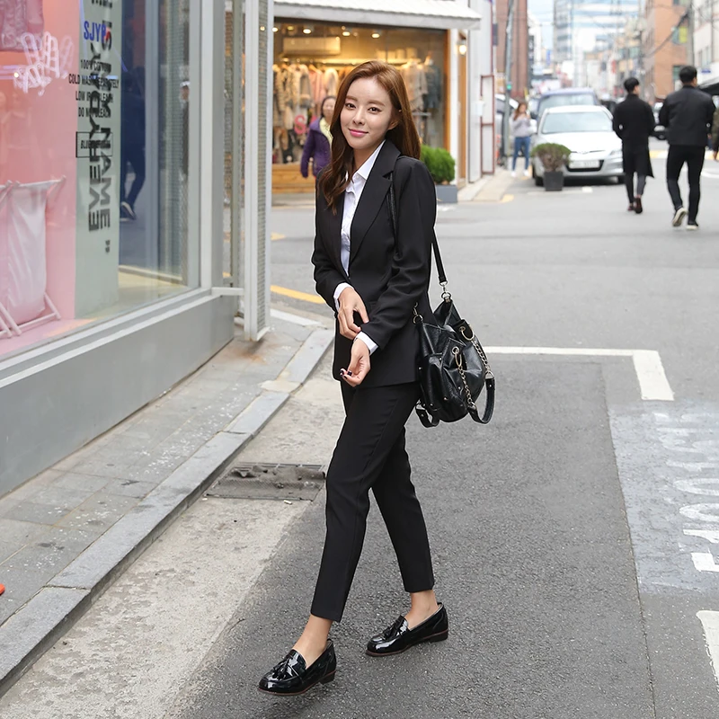 2019 деловой женский костюм с брюками-карандашами комплект из 2 предметов черный однотонный Блейзер + брюки офисный женский жакет с разрезом