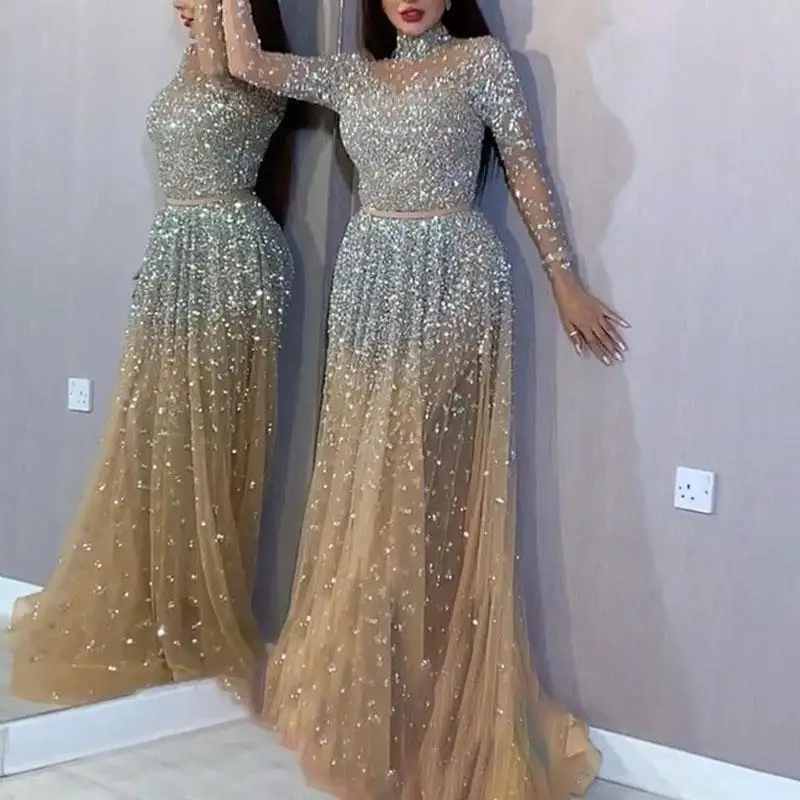 

Новинка 2021, Стильное женское вечернее платье, модное длинное платье с длинным рукавом и блестками для женщин, платье подружки невесты
