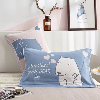 

Cartoon Polar bear pink blue children pillow towel Two-tone design 4-layer gauze 100% cotton 52*78cm,1 pair,