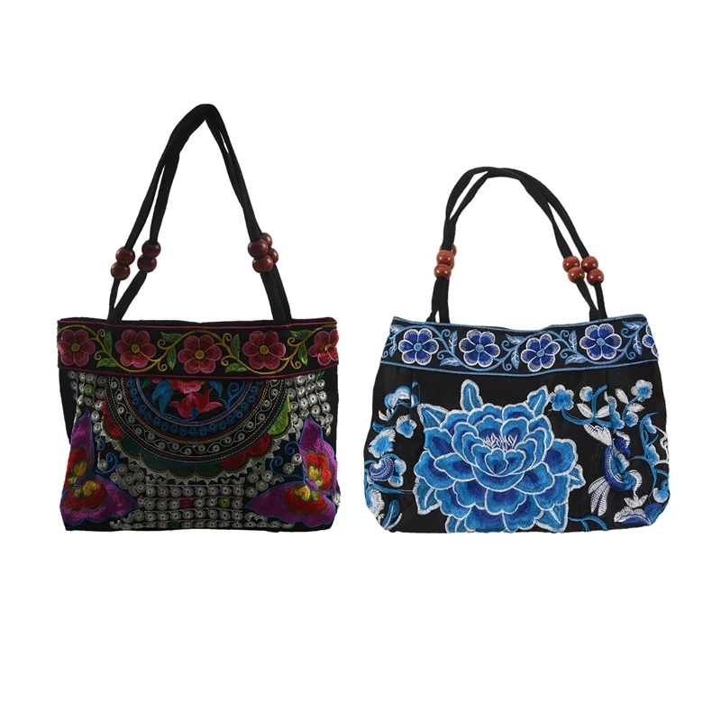 

ABZC-2Pcs Chinese Style Women Handbag Embroidery Ethnic Summer Fashion Handmade Flowers Ladies Tote Shoulder Bags Cross-Body , P