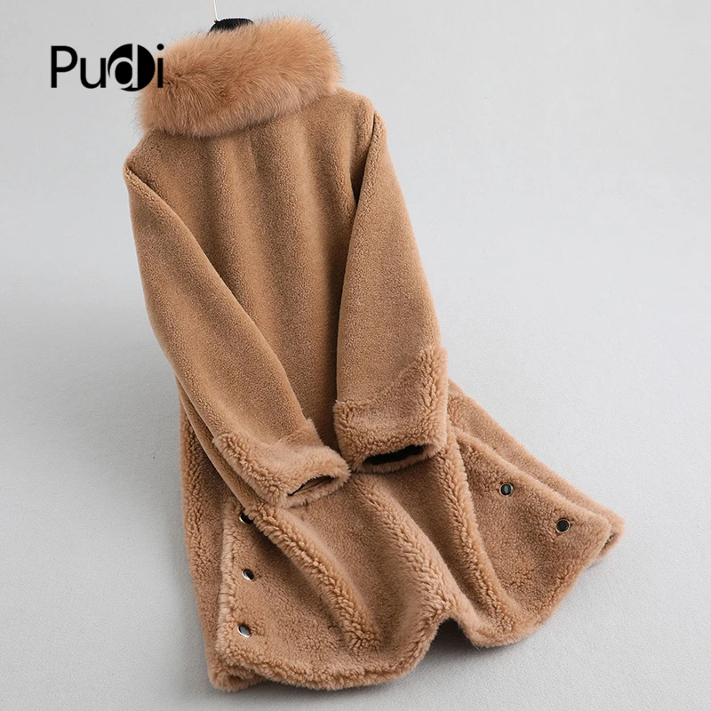 PUDI A19028 женская шуба из шерсти, куртка с натуральным лисьим пальто с меховым воротником, женская зимняя теплая натуральная меховая шуба