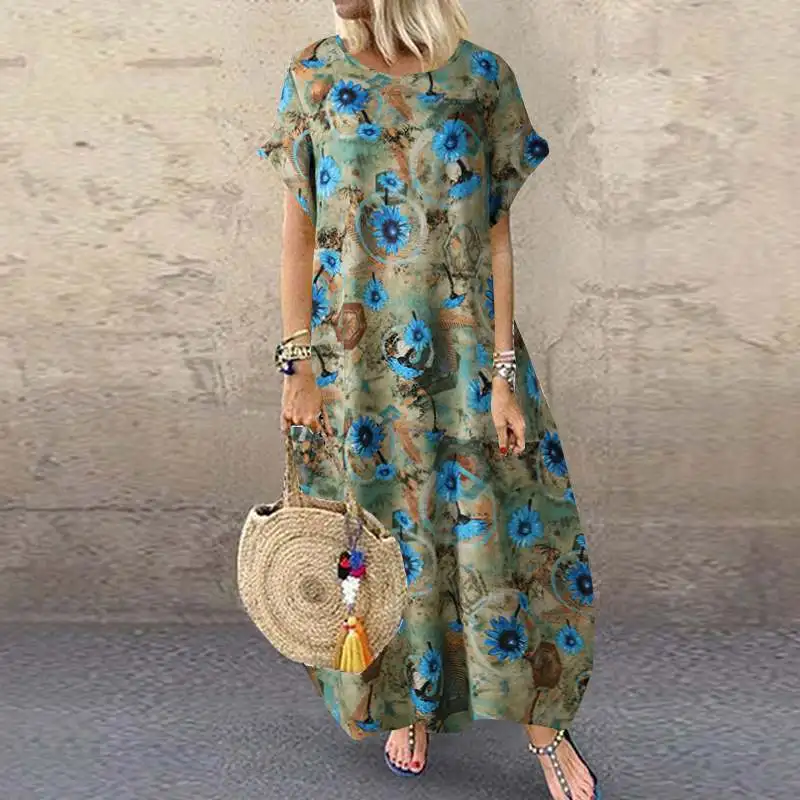 

Kaftan Printed Maxi Dress Women's Summer Sundress 2020 ZANZEA Casual Short Sleeve Long Vestido Female O Neck Robe Plus Size 5XL