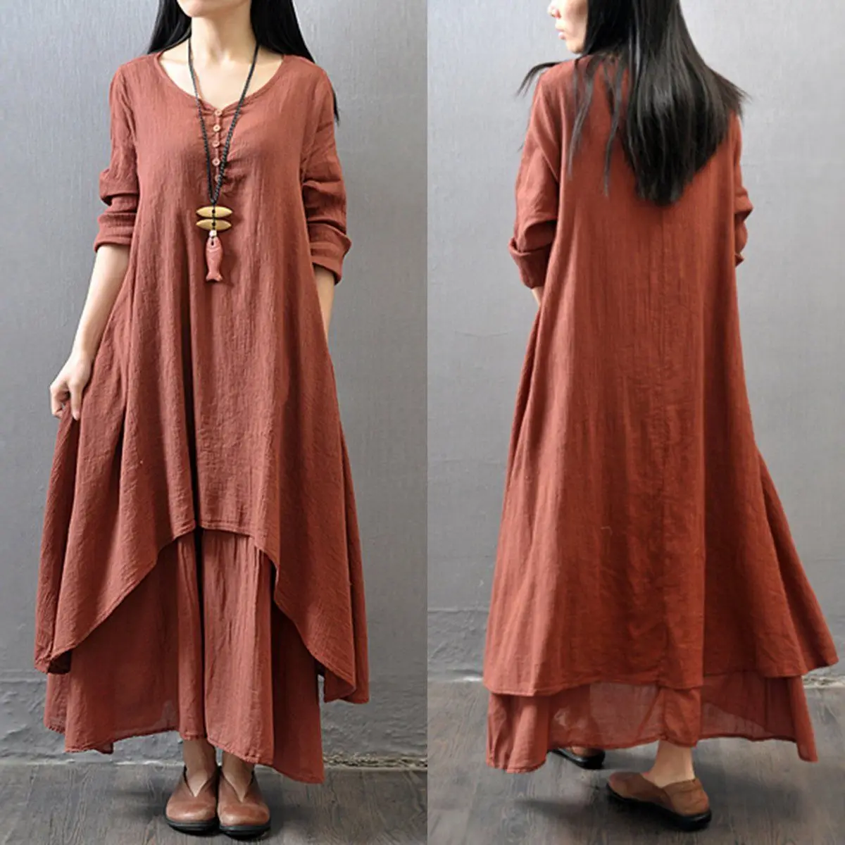 Весна Boho женское V Nekc крестьянское этническое хлопковое льняное Повседневное платье макси с длинными рукавами на пуговицах Несимметричное длинное платье хит