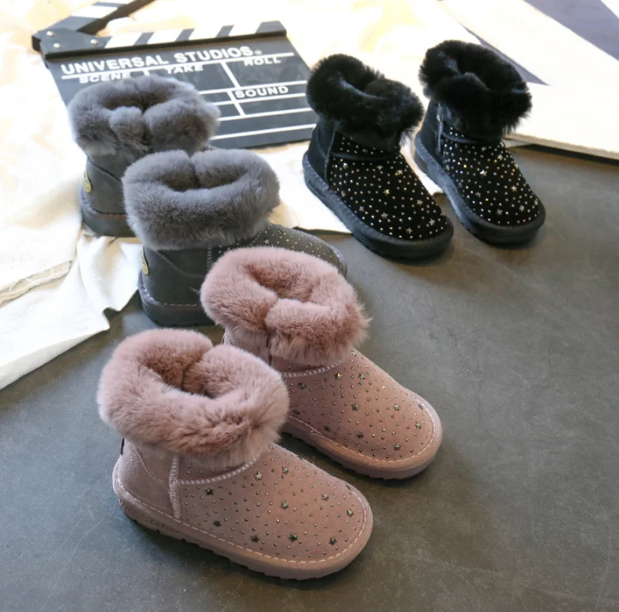 winter kids snow boots baby girls crystal shoes genuine leather fur pink ankle boots school children warm plush boots