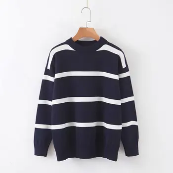 

women winter simple navy striped sweater 2019 fashion girls ladies loose O-neck pullover female casual stylish chicsweaters