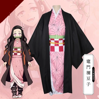 

Girls Kamado Nezuko Cosplay Wigs Kimono Women Yukata Robe Geta Clogs Japanese Anime Demon Slayer Kimetsu No Yaiba Party Costume