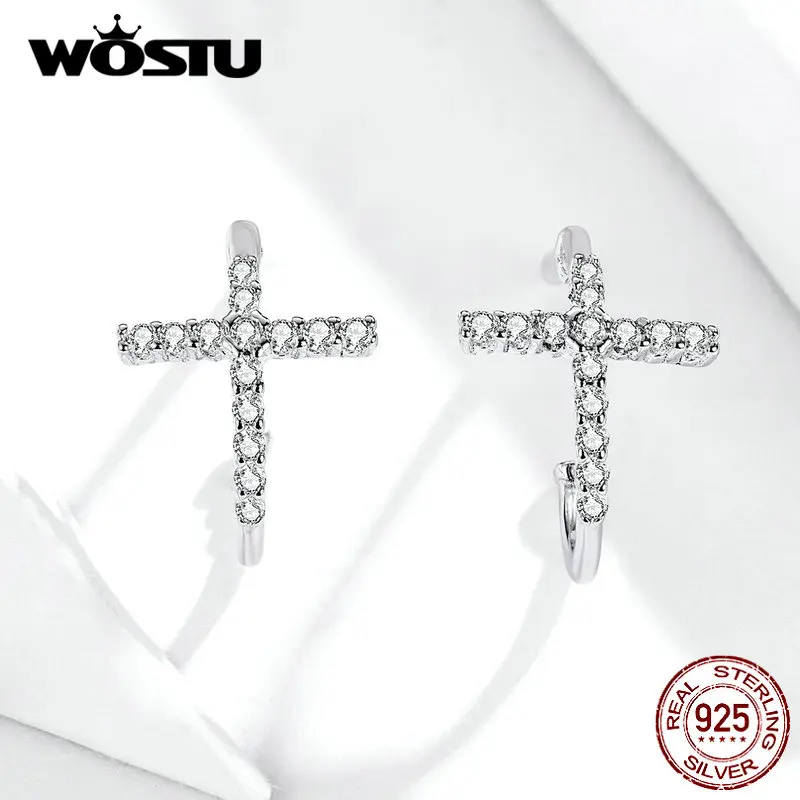 WOSTU, серьги-гвоздики с крестом из циркония, натуральная 925 пробы, серебро, для женщин, модные, для свадьбы, помолвки, маленькие серьги, ювелирное изделие, FIE755