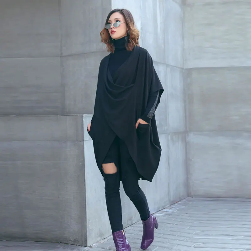 XITAO большой размер свободная черная футболка Женская корейская мода новинка осень элегантный рукав «летучая мышь» неправильный карман пальто WQR1998