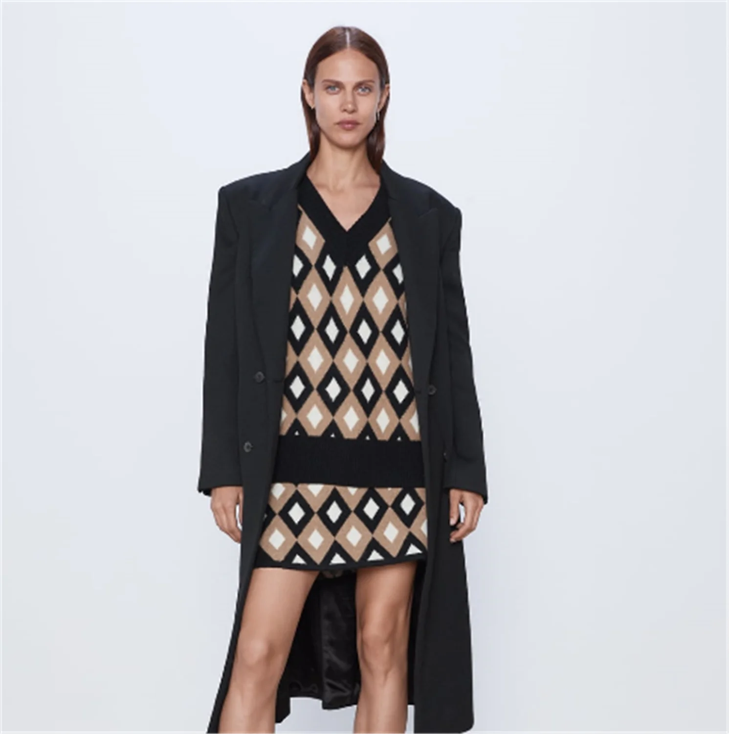 2019 ZA Women's Sweater Fashion New Autumn Shaped Jacquard Bohemian Long Sleeve V-neck Loose Party Gift | Женская одежда