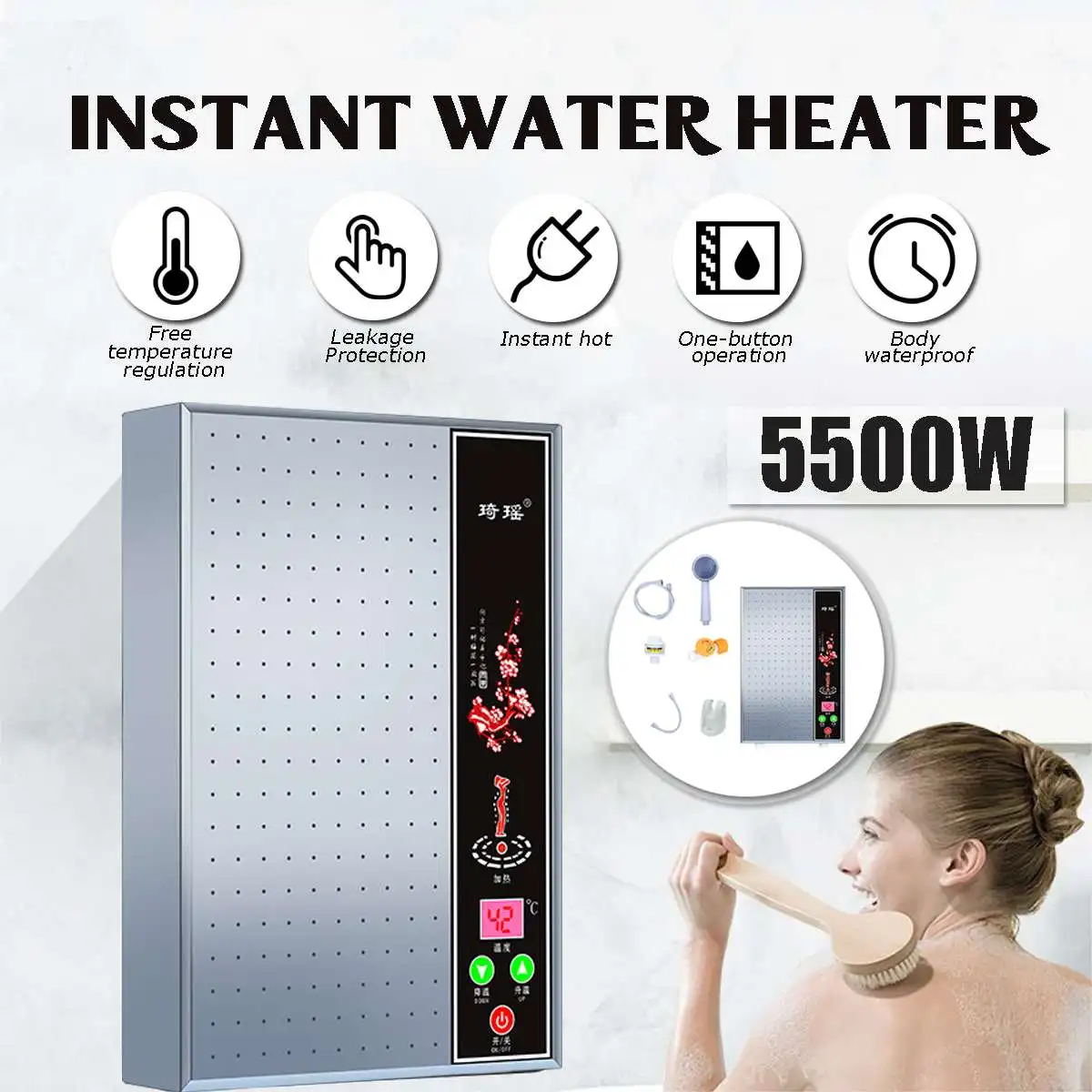 

5500W 220V Electric Hot Water Heater Tankless Instant Boiler Bathroom Shower Set Thermostat Safe Intelligent Automatically