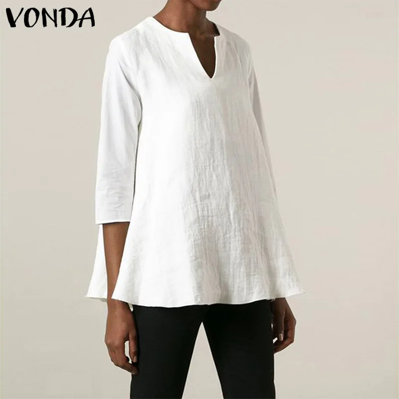 

Summer Cotton Linen Tops And Blouses VONDA Casual Baggy Sexy 3/4 Sleeve V Neck Solid Shirts Loose Bohemian Blusas Femininas