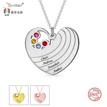 

StrollGirl Personalized Name Heart Necklace with Birthstone 925 Silver Custom Engrave Pendant Necklace Jewelry For Birthday Gift