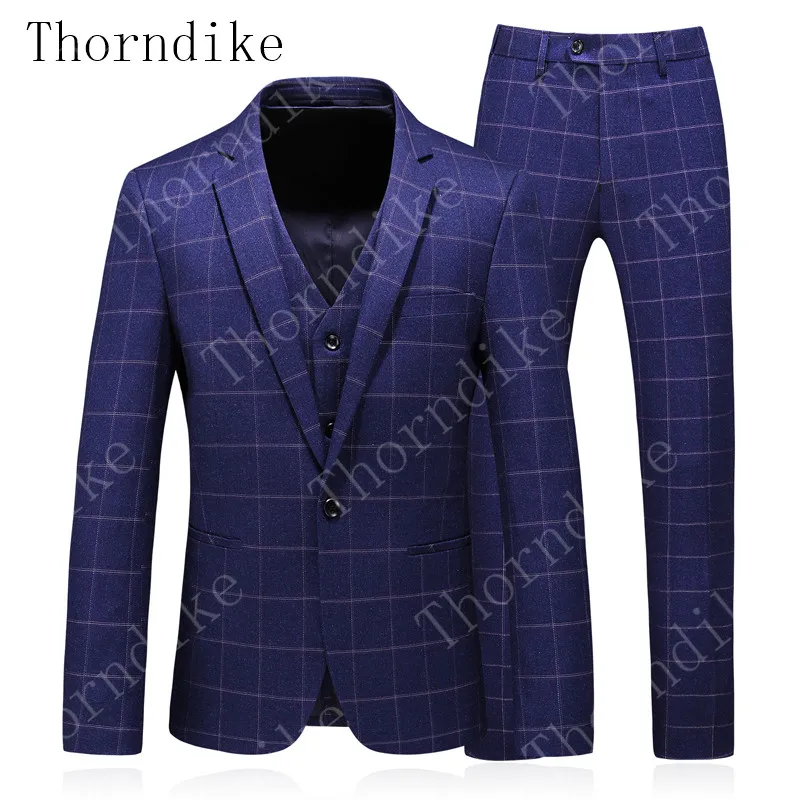 Thorndike Новое поступление модный мужской повседневный бутик бизнес смокинг на одной пуговице мужской Клетчатый тонкий костюм блейзеры жилет брюки