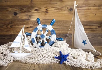 

Vinyl Seaside Wood Wall Photo Background Printed White Fishing Net Sailboat Rudder Blue Star Pirate Theme Birthday Backdrop