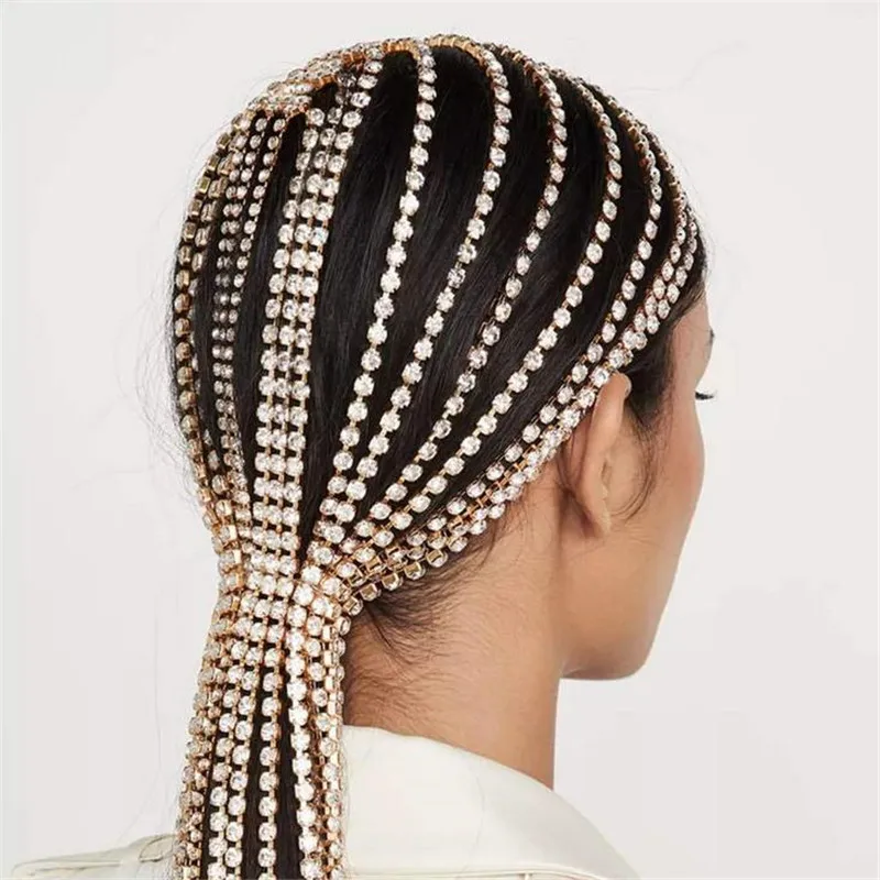 

Super Long Tassel Crystal Headpiece Backstage Cover Head Hair Jewelry For Girl Rhinestone Headpiece Headband Hair Accessories 20