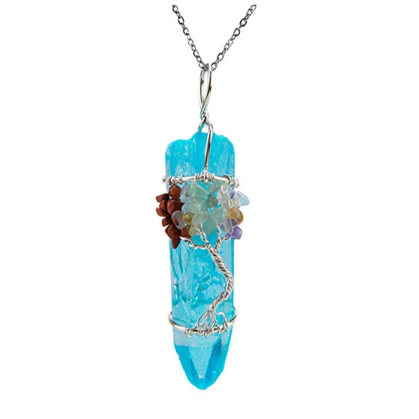 

FYJS Unique Silver Plated Wire Wrap Irregular Shape Crystal Dyed Lake Blue Pendant Link Chain Necklace Ethnic Jewelry