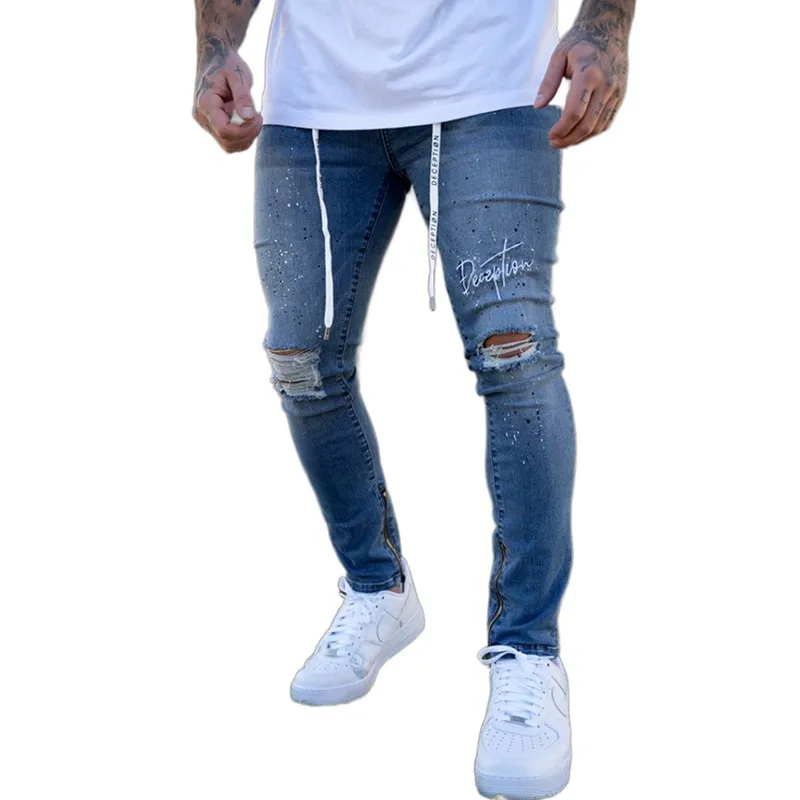 

Men's Embroidered Letters Stretch Ripped Biker Jeans Men Hip Hop Slim Fit Holes Punk Denim Jeans Cotton Pants Zipper Jeans