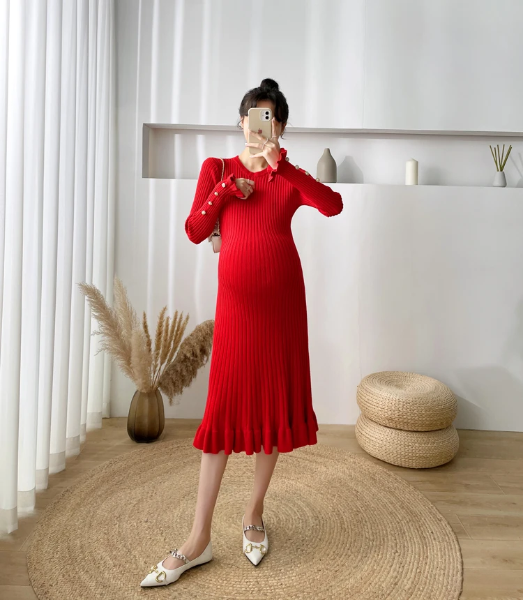 2305 # herbst Winter Gestrickte Mutterschaft Lange Pullover Chic Ins Elegante EINE Linie Dünnes Kleid Kleidung für Schwangere Frauen Schwangerschaft – Detail 16