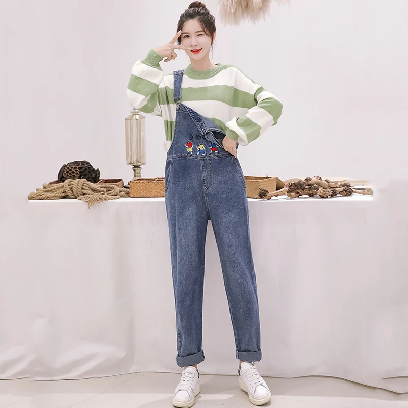 new autumn jeans women Harajuku embroidered cartoon jeans loose denim bib cotton vintage school girl jeans female Overalls
