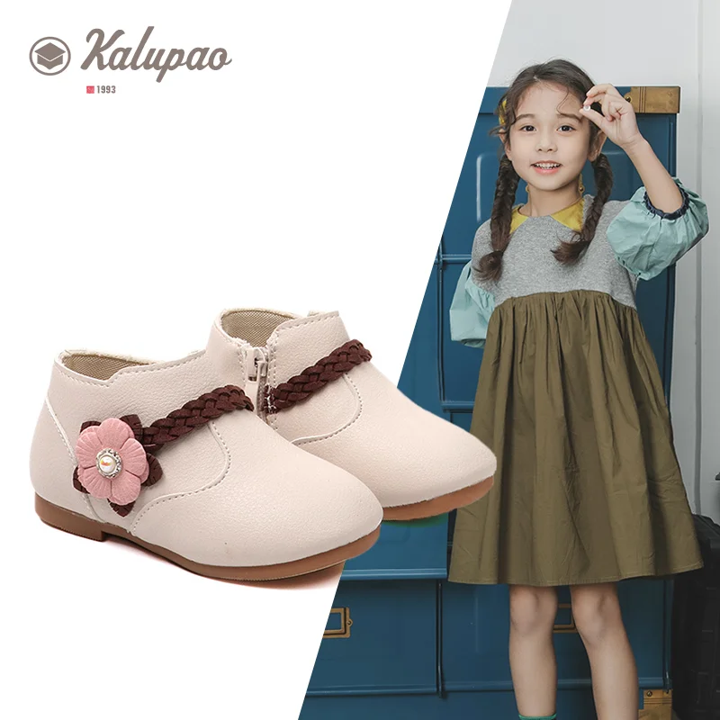 

2019Children Autumn Winter Boots Zipper Flower PU Leather Winter Girls Princess Boots Kid Warm Fur Flat Rubber Girl Booties Pink