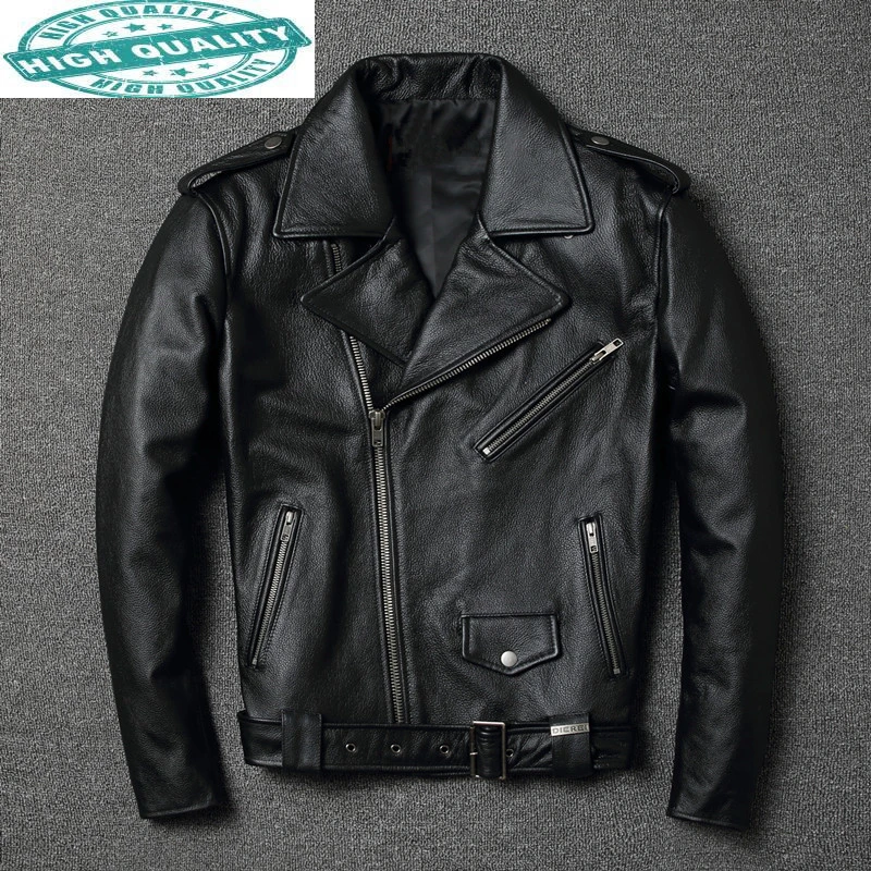 Real 100% Cow Leather for Men Slim No Short Jacket Style of Vintage Spring New Coats Moto & Biker Full 2021-82107 genuine leather coats & jackets