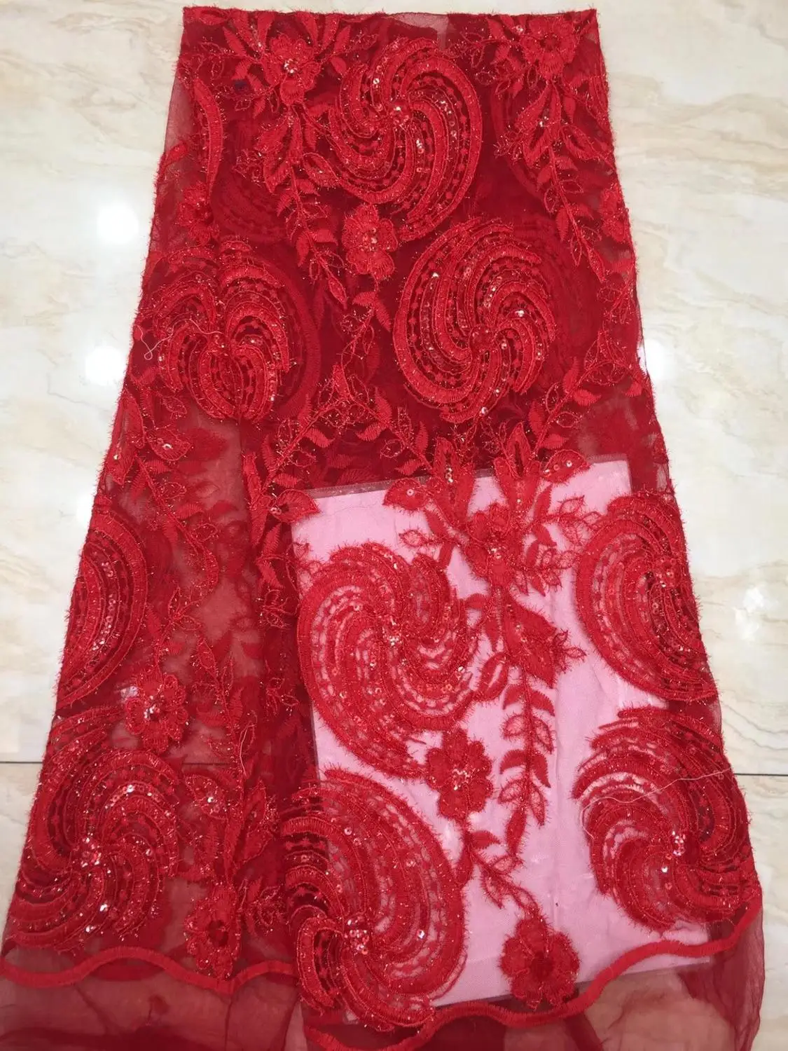 

French lace fabric 5yds/pce red sequins embroidery mesh fabrics women gorgeous party event asoebi wedding exclusive dress 2019