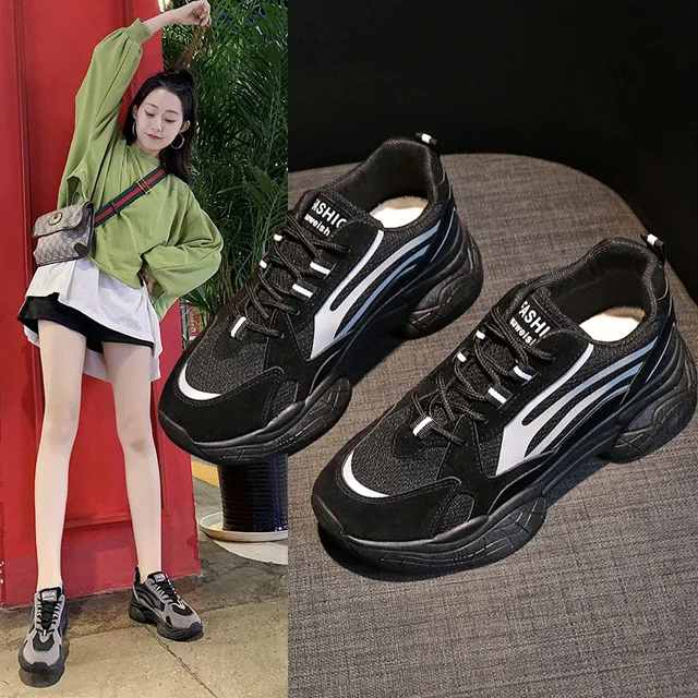 Обувь со светоотражающими полосками; женская обувь черного цвета; корейские Дизайнерские кроссовки; женские кроссовки на массивной платформе; светоотражающие кроссовки; chaussures femme