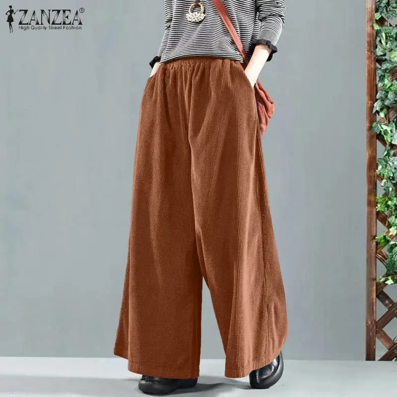 Trousers Leg-Pants Pantalon Palazzo Harem ZANZEA Corduroy Elastic-Waist Loose Autumn