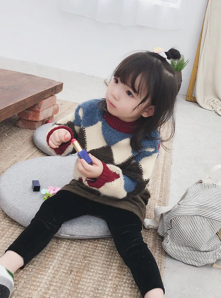 Свитер для девочек свитер с круглым вырезом и ромбовидным узором 19 осенняя и зимняя одежда стиль детская одежда для детей от 3 до 8 лет