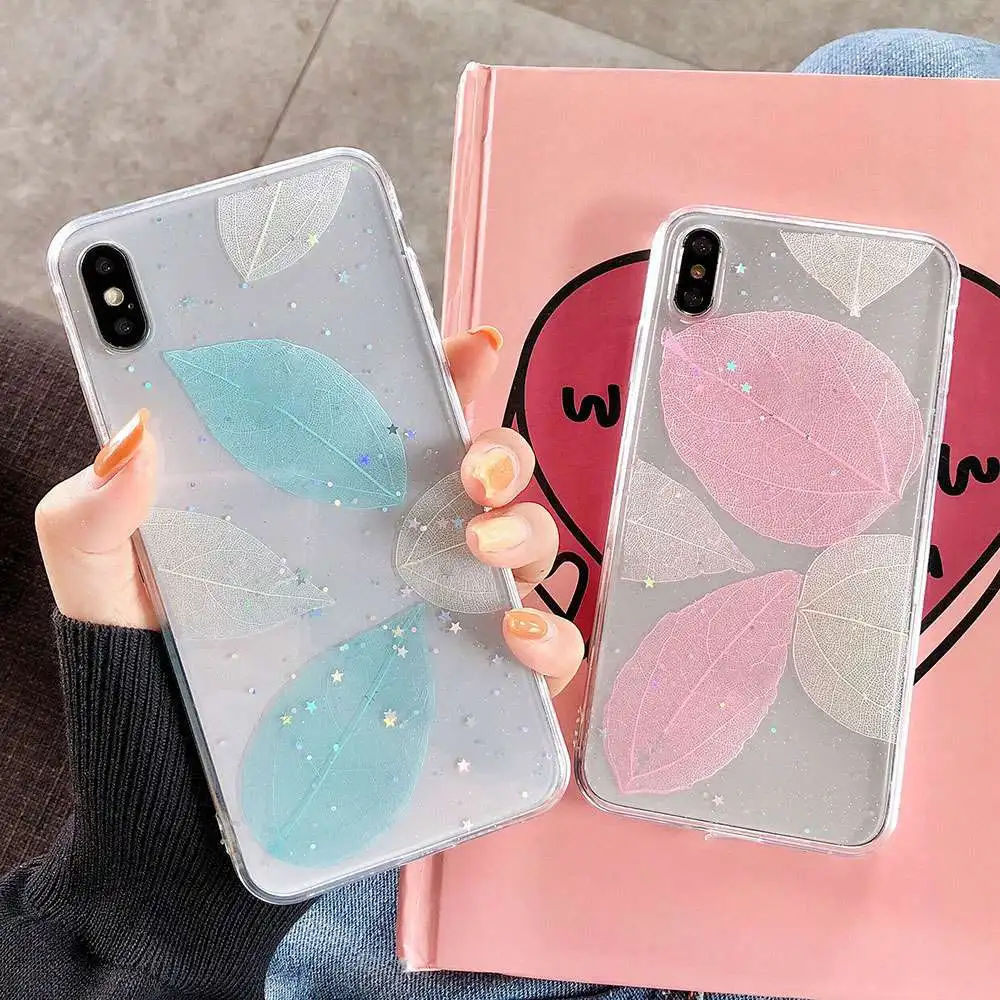 Glitter Gold Foil Leaf Case For iPhone X 8 7 6 6S Plus Acrylic TPU Phone Cases XR XS MAX Transparent Shell Capa Coque |