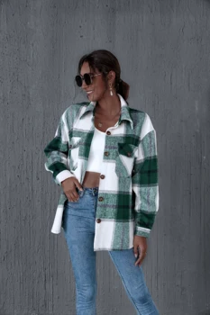 

2020 Button Lapel Pocket Cardigan Thick Stitching Green Plaid Long-sleeved Long Coat Autumn and Winter Women's New Arrivals