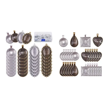 

112-Pieces 4 Styles Pendant Set: 64-Pieces Set Oval Pendant Trays and Round Bezels & 48-Pieces Pendant Trays 24Pcs Round + Squar