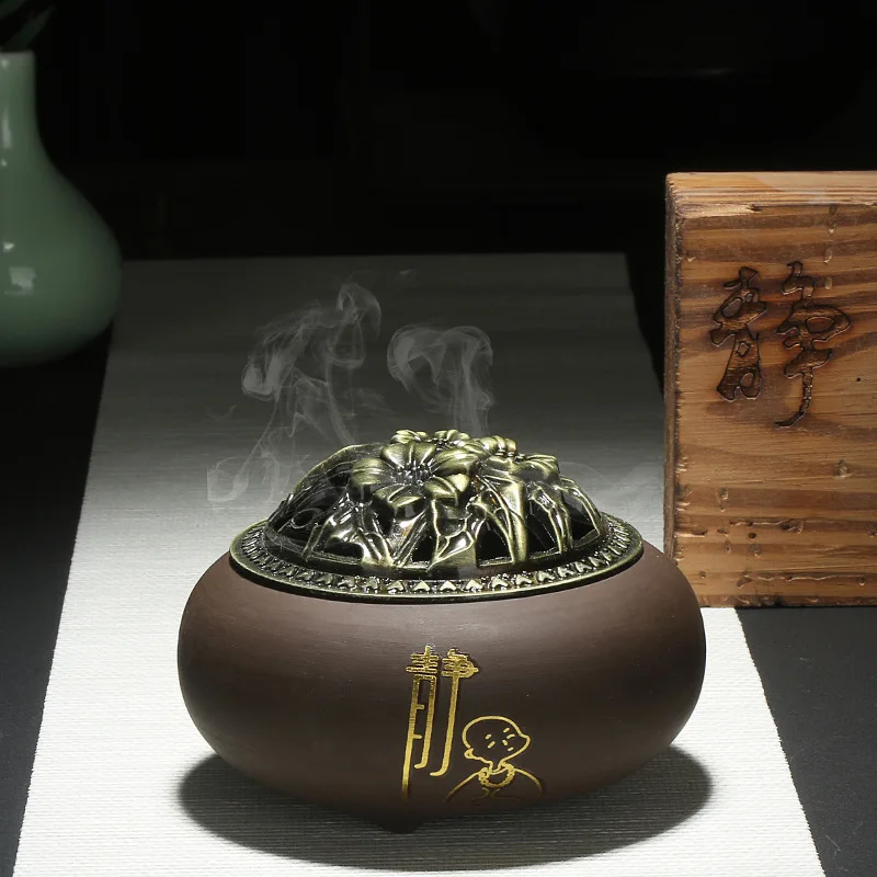 

Ceramic Incense Burner, Purple Sand, Antique Copper Cover, Tripod Incense Burner, Incense Burner, Tea Ceremony Aromatherapy