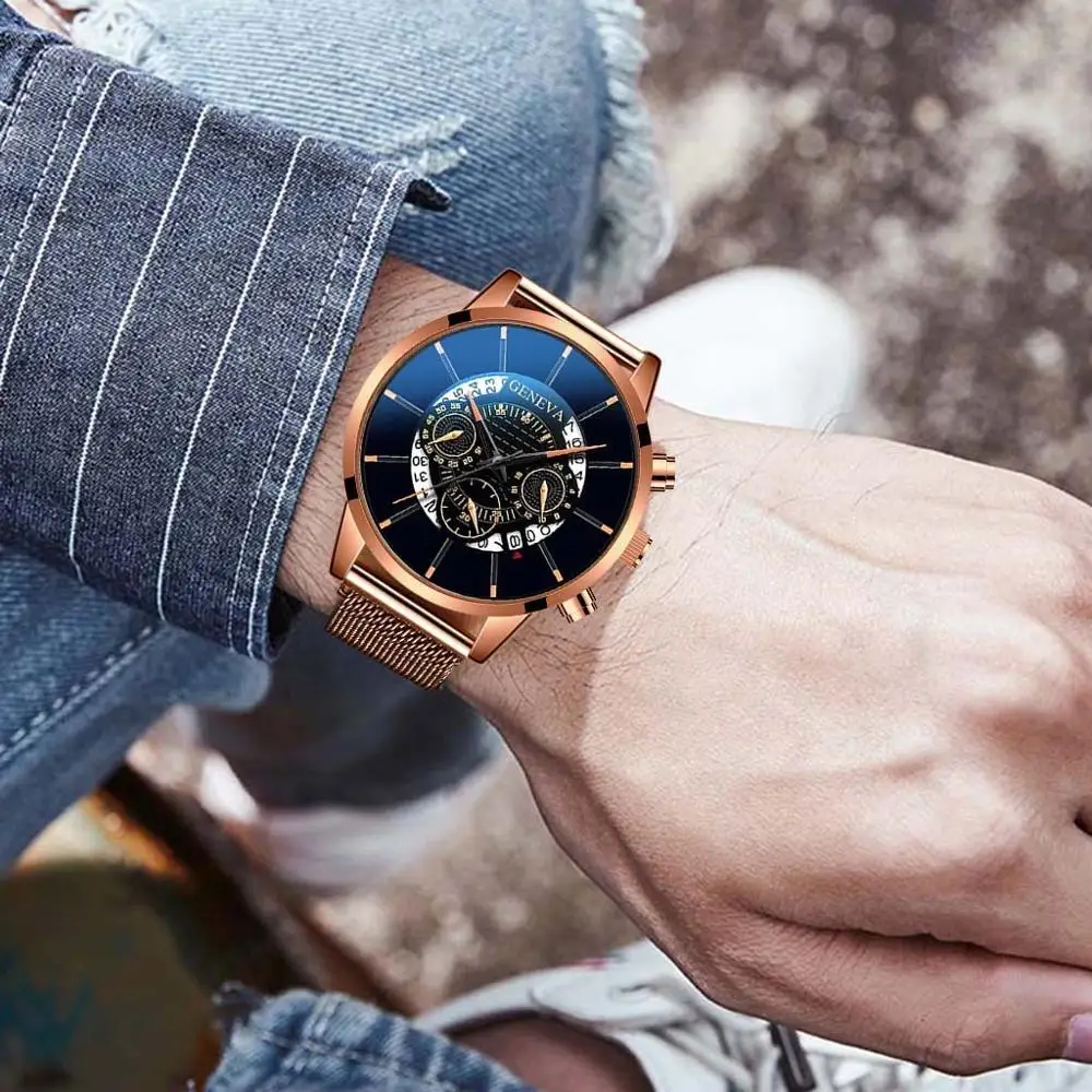 2020 Fashion Mens Business Casual Date Calendar Watches Luxury Blue Stainless Steel Mesh Belt Quartz Watch for Man Clock | Наручные часы