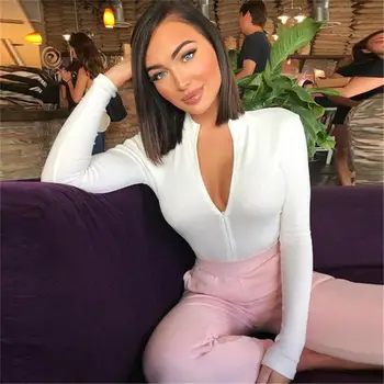 

New Women Boysuits Sexy Solid Color Long Sleeve Zipper Female Office Lady Style V Neck Fashion Women Jumpsuits Skinny Bodysuits