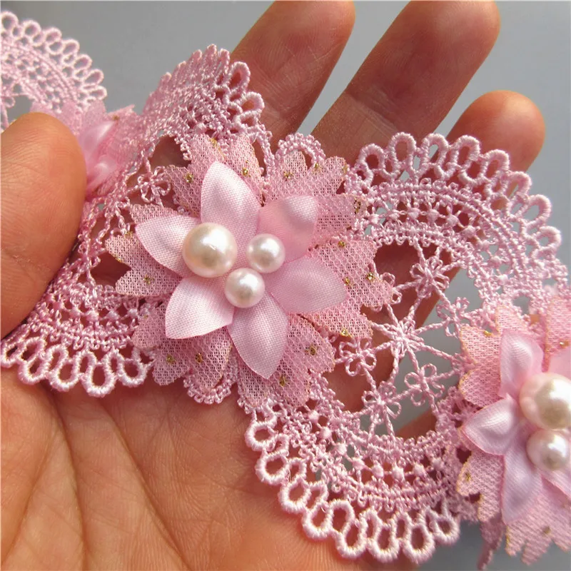 10x 6*5cm Pink Polyester Pearl Flowers Embroidered Lace Trim Ribbon Applique DIY Manual Sewing Supplies Craft Decoration | Дом и сад